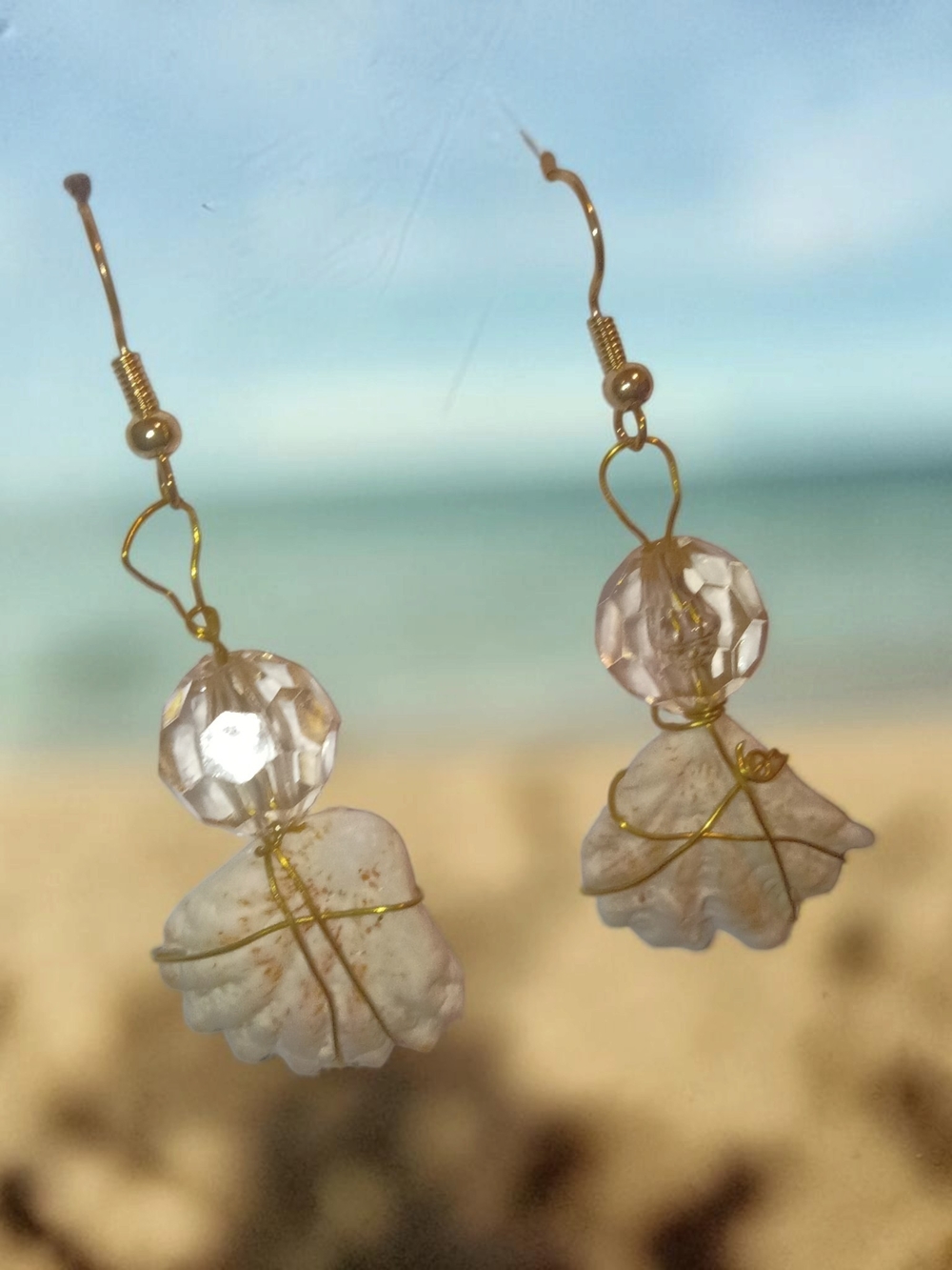 Gold Wire Seashell Drop Earrings with Clear Bead Accents